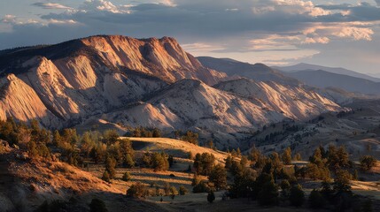 Breathtaking sunset illuminates majestic mountain range creating a serene and peaceful atmosphere perfect for travel brochures or inspiring nature documentaries