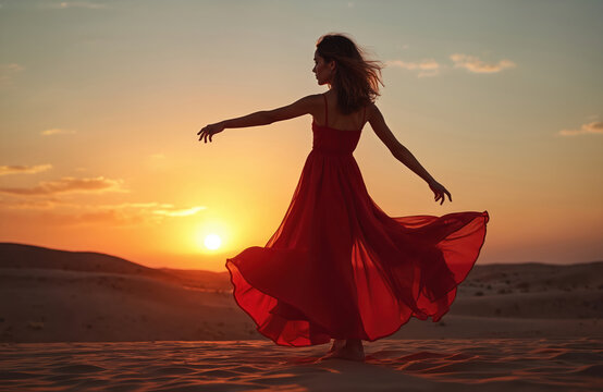 Woman in long red dress dances barefoot in desert sand dunes at sunset. Fabric flows in wind against dramatic orange sky, creating feeling of freedom.