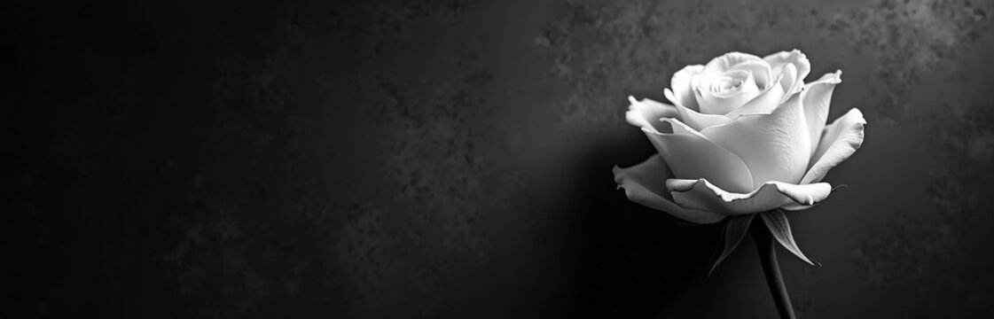 Close up of white rose on black. Floral arrangement. Elegant flower blooms against dark background. Monochrome studio shot for sympathy card. Concept of love, romance symbol. Mourning concept. - Powered by Adobe