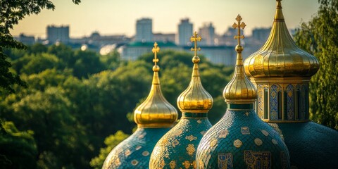 Obraz premium Golden domes of st. Michael's monastery shining in kyiv cityscape