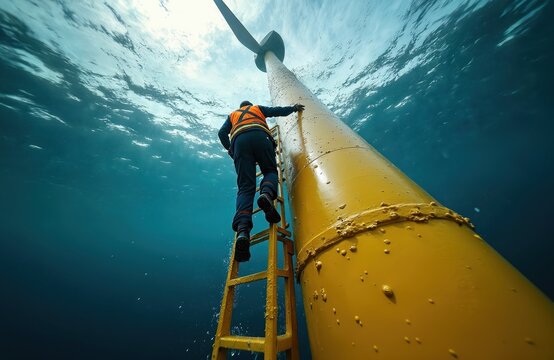 Technician climbs offshore wind turbine. Worker in safety gear ascends yellow pillar from deep blue water. Renewable energy maintenance, green tech innovation. Marine industry development, clean