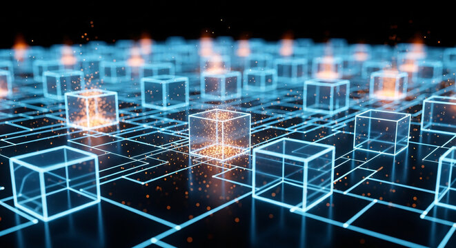 Abstract glowing cubes interconnected on a grid with particle effects on a dark background