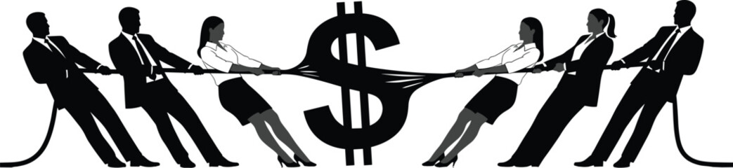 Business people pulling rope in financial tug of war, competing for money, corporate profit struggle, teamwork tension illustration with large dollar symbol