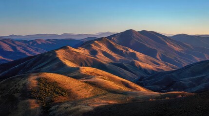 Stunning mountain range glows at sunset, golden light paints rugged peaks, perfect for travel inspiration, outdoor adventures, and majestic wilderness landscapes