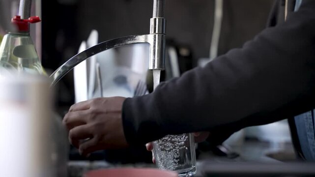 Hand filling a glass with water from a kitchen faucet