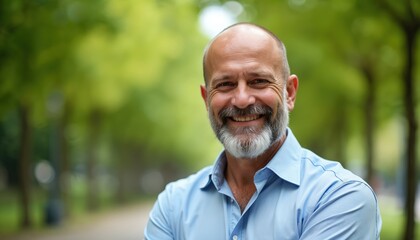 Middle-aged businessman with a gray beard smiles at camera outdoors. Happy male person looks at viewer at park. Successful adult shows positive emotion. He wears blue shirt.