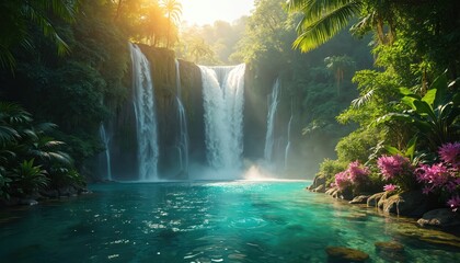 Waterfall cascade falls into teal color pool in tropical jungle. Sunlight streams on plants, palms and rocks. Pink flowers grow near calm water pond in rainforest.