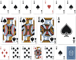 Collection of playing cards displayed in various suits and ranks, poker deck arrangement, casino gaming symbols, gambling illustration for digital and print designs