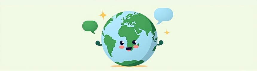 Fototapeta premium Cartoon of a globe with a face and a speech bubble