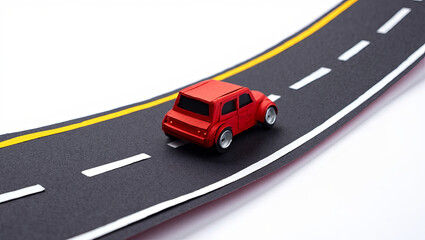 Red toy car driving on a curved paper road with yellow and white lines under bright lighting