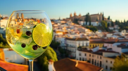 Obraz premium Refreshing gin and tonic cocktail with lime and juniper berries overlooking a historic european city skyline at sunset