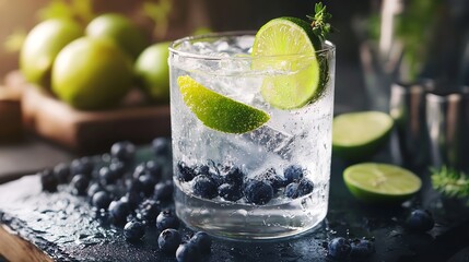 Refreshing gin and tonic cocktail with blueberries and lime garnish served over ice in a glass