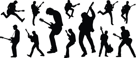 Energetic guitarist silhouettes performing dynamic music poses, rock concert action, creative stage movement, expressive musicians, and powerful electric guitar performance for artistic designs
