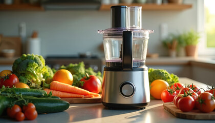 Modern food processor sits near fresh assorted vegetables, fruits on kitchen counter. Prepare healthy meals chop blend dice slice food easily with kitchen appliance. Versatile tool for culinary needs.