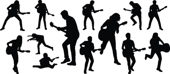 Dynamic guitarist silhouettes showcasing energetic music performance poses, rock inspiration, concert motion, artistic expression, and creative stage action ideal for music-related designs