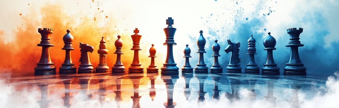 Two rows of chess pieces face with strong color contrast. One side vibrant orange, cool blue. Abstract smoke, splash effects create dynamic visual conflict. Board game represents strategy,