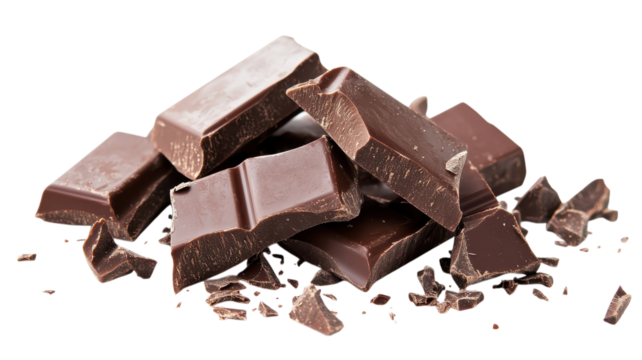 Dark chocolate pieces arranged with scattered shards on a white background.