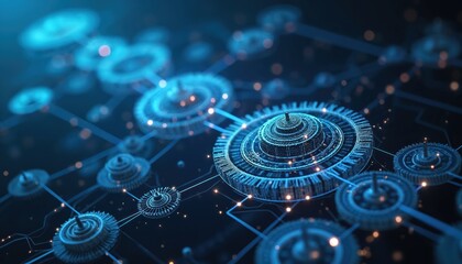 Intricate digital gears, glowing tech elements form complex futuristic network architecture. Blue light illuminates interconnected circuits, showing data points flow, efficient processing. Abstract