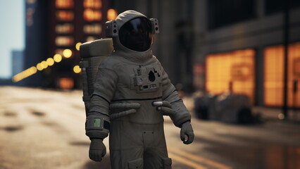 Amidst the towering buildings and warm glow of streetlights, an astronaut stands in awe, appreciating the unexpected beauty of city life during twilight.
