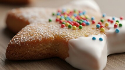 Star-shaped cookie with icing and colorful sprinkles close-up.