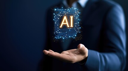 A businessman in a suit holds a glowing AI symbol in his hand, symbolizing the concepts of artificial intelligence, technology, and the future of innovation in business and society.