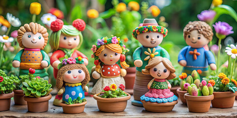 Colorful clay figurines and plants showcase a vibrant garden scene during a sunny day