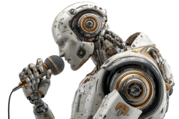 Cybernetic Ballad: A futuristic android, its metallic features catching the light, engages in a soulful performance, the microphone a conduit for a unique melody.