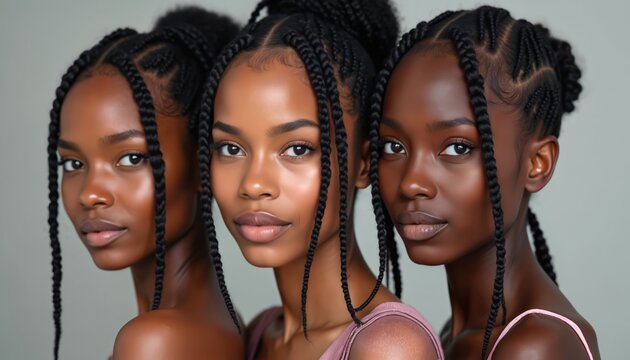 Three beautiful young black women with stylish afro braids. Group portrait of diverse female friends posing together. Models showcase traditional hairstyle, glowing dark skin, natural beauty in - Powered by Adobe