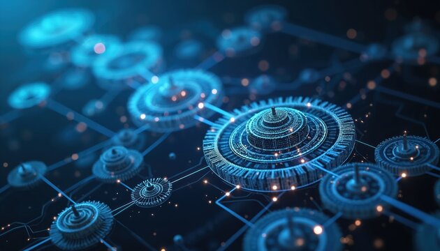 Intricate digital gears, glowing tech elements form complex futuristic network architecture. Blue light illuminates interconnected circuits, showing data points flow, efficient processing. Abstract