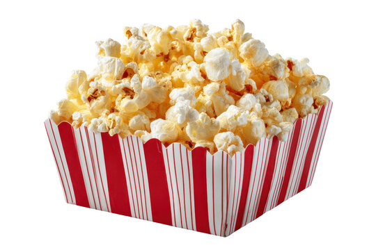 Popcorn in a Vintage Box: A delightful, close-up shot of fluffy popcorn spilling out of a classic red and white striped box, creating a sense of joy, indulgence, and the anticipation of a movie night. - Powered by Adobe