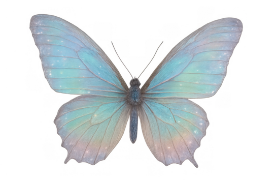 Magical fantasy butterfly with iridescent pastel wings flying, glowing light, isolated on transparent background