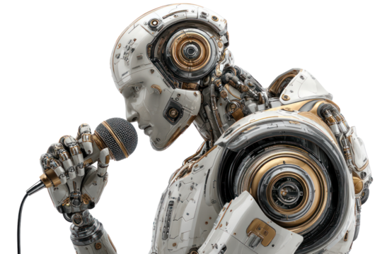 Cybernetic Ballad: A futuristic android, its metallic features catching the light, engages in a soulful performance, the microphone a conduit for a unique melody.