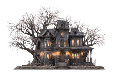 Spooky House: A vintage mansion, exuding an aura of mystery and dread. The house is surrounded by bare, gnarled trees, illuminated in a chilling night scene.