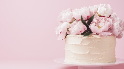 Elegant Cake Decorated with Beautiful Pink and White Flowers on Soft Background