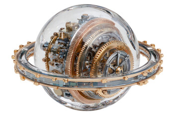 Mechanical Globe: A close-up view unveils a stunning, intricate mechanical globe. within its transparent sphere, a complex arrangement of gears and cogs interlocks.