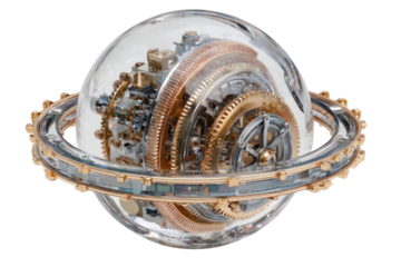 Mechanical Globe: A close-up view unveils a stunning, intricate mechanical globe. within its transparent sphere, a complex arrangement of gears and cogs interlocks.