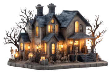 Spooky Mansion at Dusk: A haunted mansion stands silhouetted against the twilight sky, casting an eerie glow, and revealing chilling details, including ghoulish statues, and bare trees.