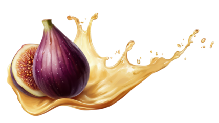 Fresh fig splashing in creamy liquid, illustrating vibrant colors and textures in a delightful food concept.