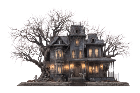 Spooky House: A vintage mansion, exuding an aura of mystery and dread. The house is surrounded by bare, gnarled trees, illuminated in a chilling night scene.