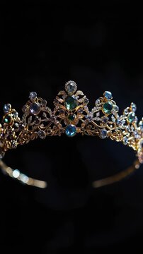 Video A luxurious gold tiara adorned with blue and green stones, perfect for formal events or special occasions