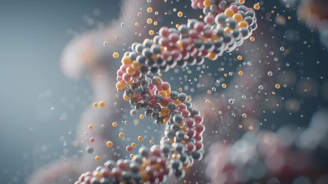 A DNA strand with many different colored balls. Macro shot targeted nucleotide repair symbolic animation like structural fix, soft editorial cinematic lab neutrals, gene-based therapy