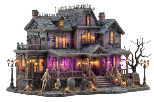 Spooky Mansion: A detailed miniature of a haunted house, showcasing a creepy atmosphere with eerie lighting, skeletons, and a spooky ambiance.