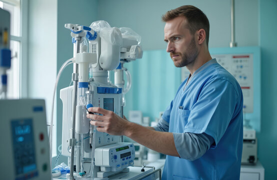 Male medical tech in blue scrubs precisely operates advanced CRRT machine. Carefully checks settings on renal replacement therapy equipment. Specialist ensures accurate operation for critical patient