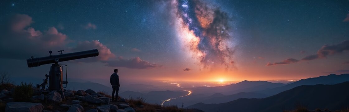 Man with telescope watches Milky Way galaxy on mountain top at dusk. Stars, planets, and distant lights glow in twilight sky. Lone stargazer observes vast universe from rocky peak. - Powered by Adobe