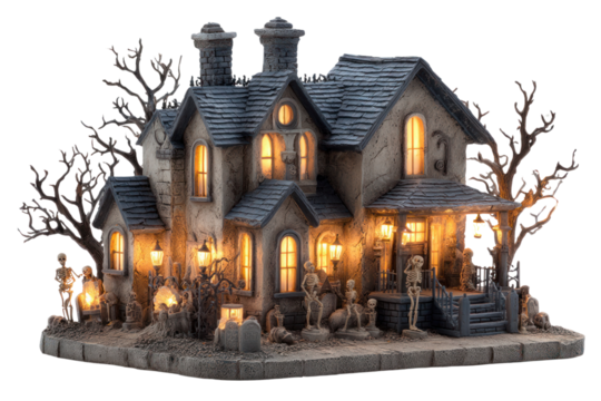 Spooky Mansion at Dusk: A haunted mansion stands silhouetted against the twilight sky, casting an eerie glow, and revealing chilling details, including ghoulish statues, and bare trees.