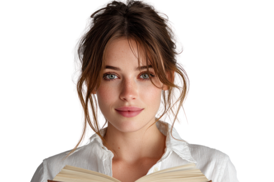 Serene Reader: A captivating woman with a gentle expression and kind eyes holds a worn book, lost in the pleasure of reading.