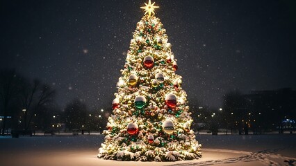 Illuminated Christmas Tree in Snowy Outdoor Setting at Night.