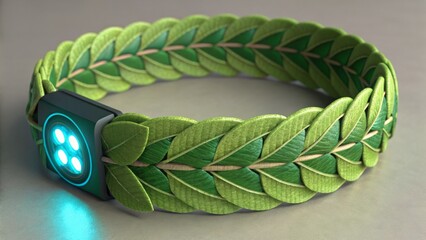 A wearable technology bracelet adorned with green leaves and a glowing light