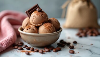 Coffee ice cream scoops served in a bowl. Sweet dessert garnished with chocolate, cocoa powder and coffee beans. Delicious homemade gelato on a marble table. Tasty cold caffeine treat.