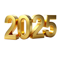 elegant 3d metallic golden 2025 numbers symbolizing the new year, standing on a clean reflective white surface.